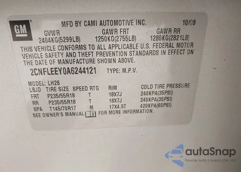 2010 Chevrolet Equinox Lt из США, поврежденный, VIN 2CNFLEEY0A6244121